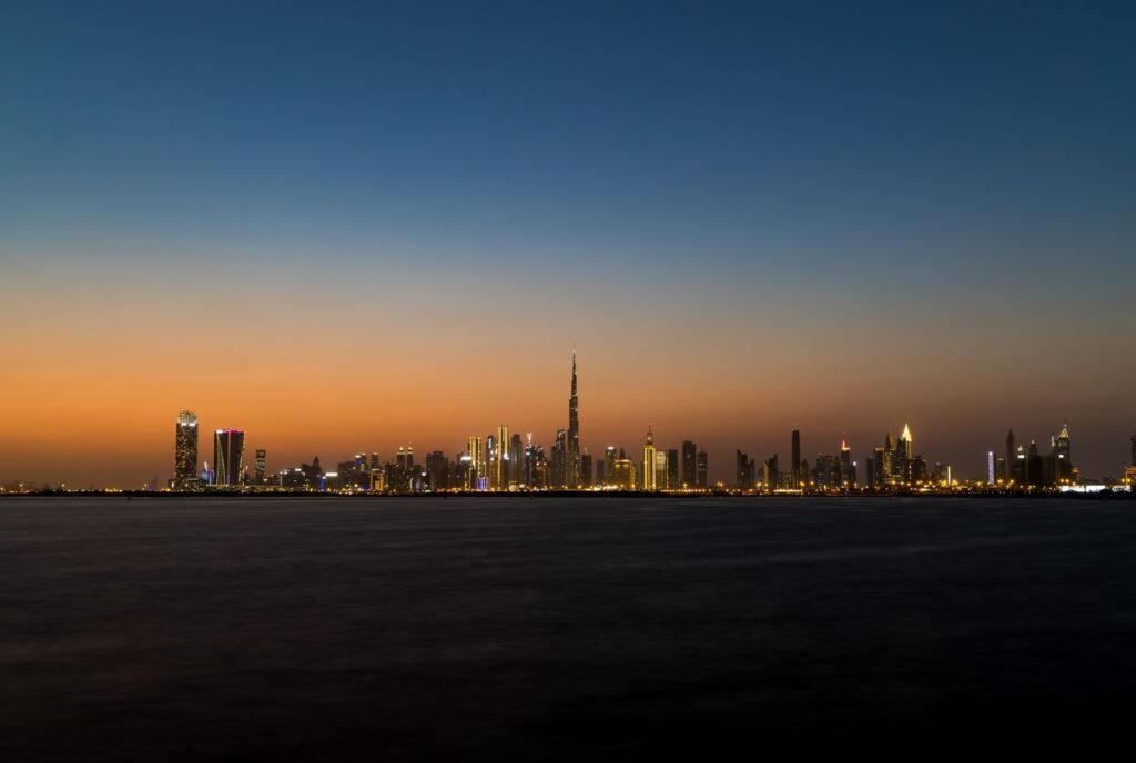 Dubai skyline with the Burj Khalifa at dusk